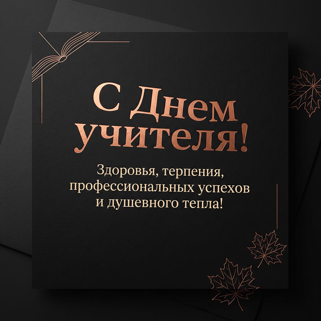 Открытка с контурными листьями на черной бумаге и текстом: "С Днем учителя! Здоровья, терпения, профессиональных успехов и душевного тепла!"