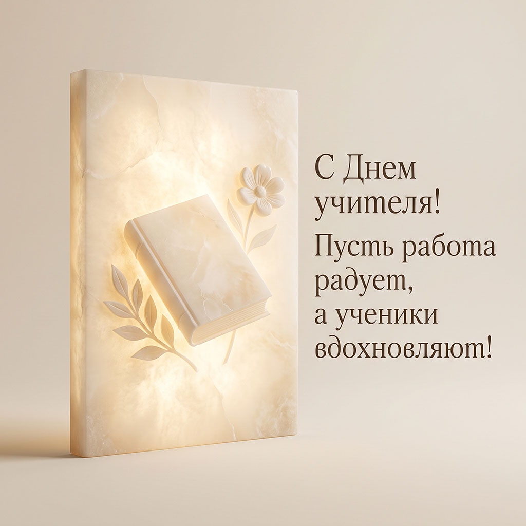 Открытка с мраморным барельефом и текстом: "С Днем учителя! Пусть работа радует, а ученики вдохновляют!"