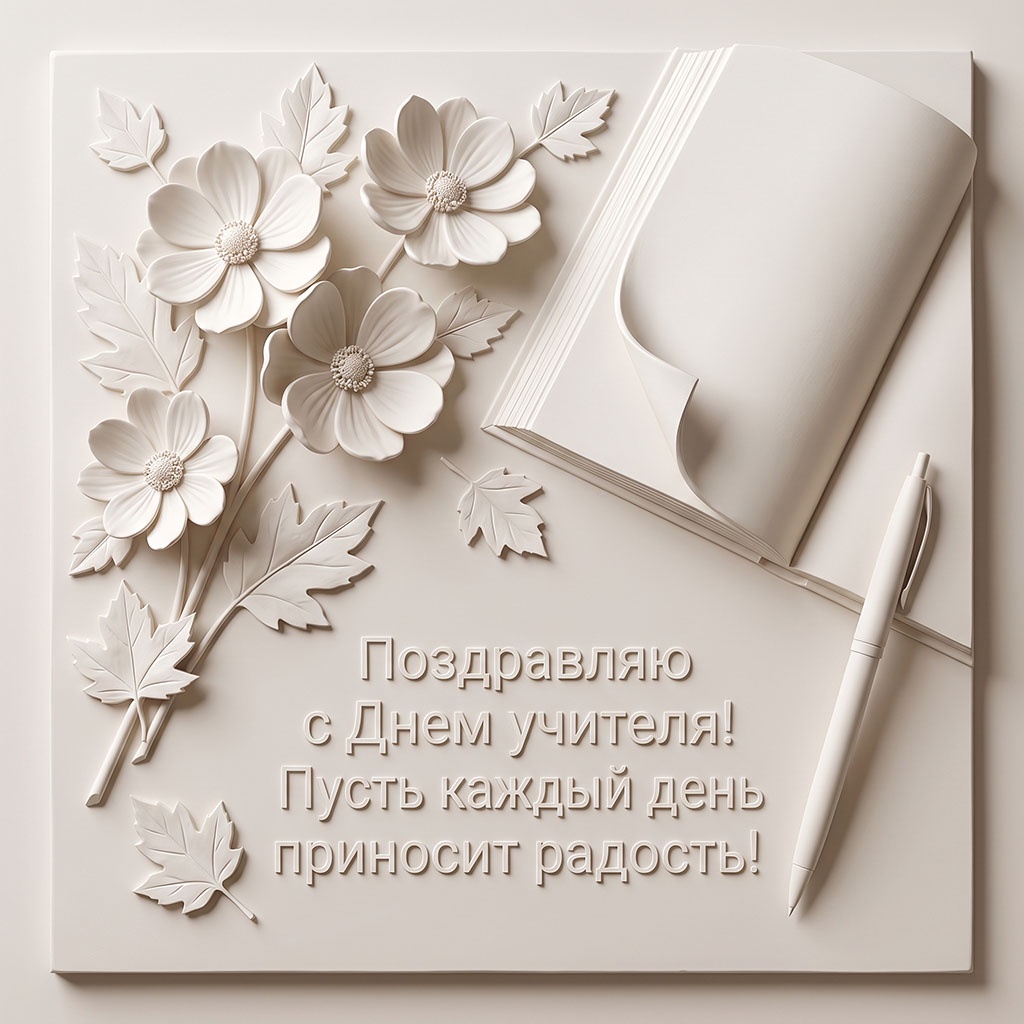 Монохромная открытка с объемными белыми цветами, книгой и текстом: "Поздравляю с Днем учителя! Пусть каждый день приносит радость!"