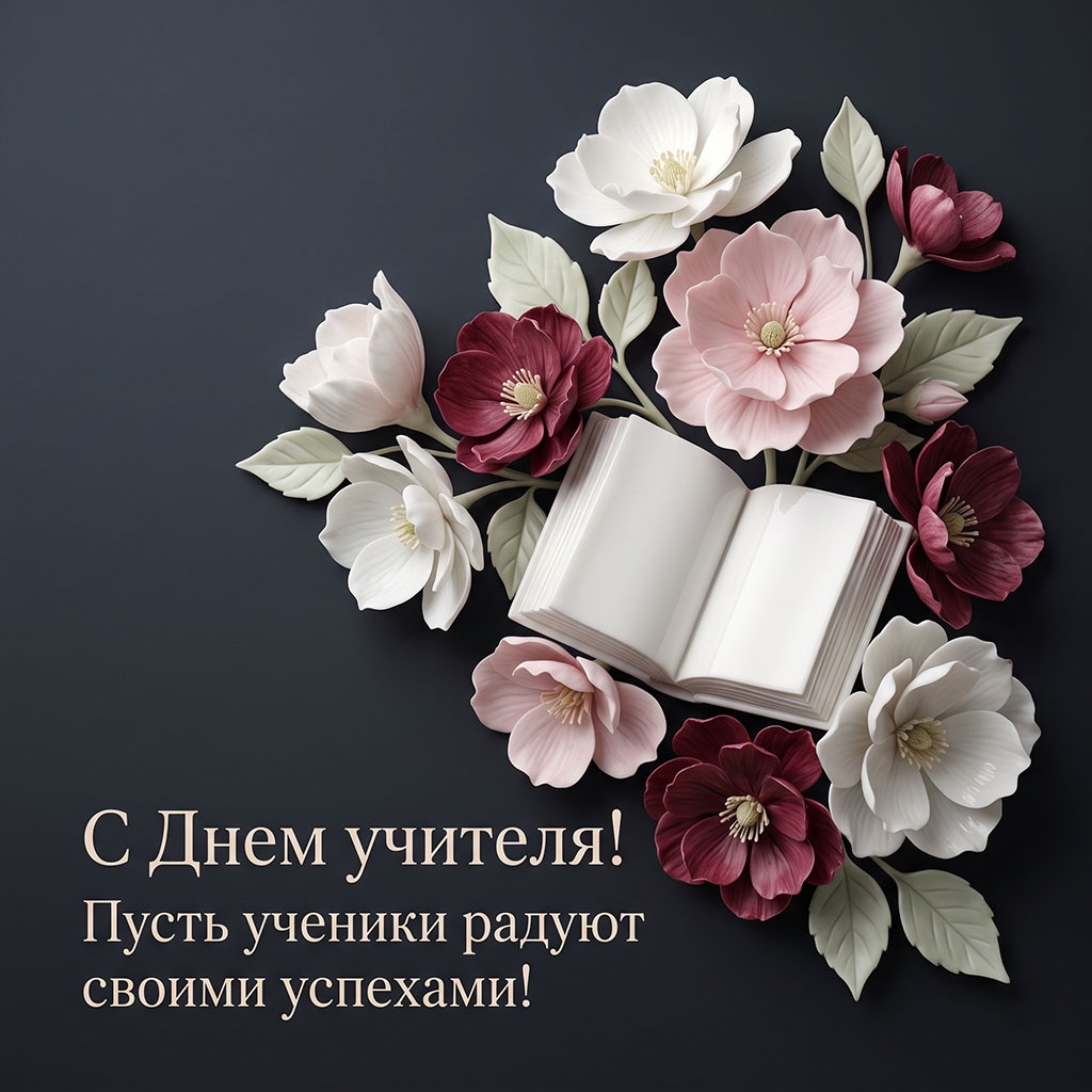 Открытка с белыми и бордовыми фарфоровыми цветами вокруг раскрытой и текстом: "С Днем учителя! Пусть ученики радуют своими успехами!"