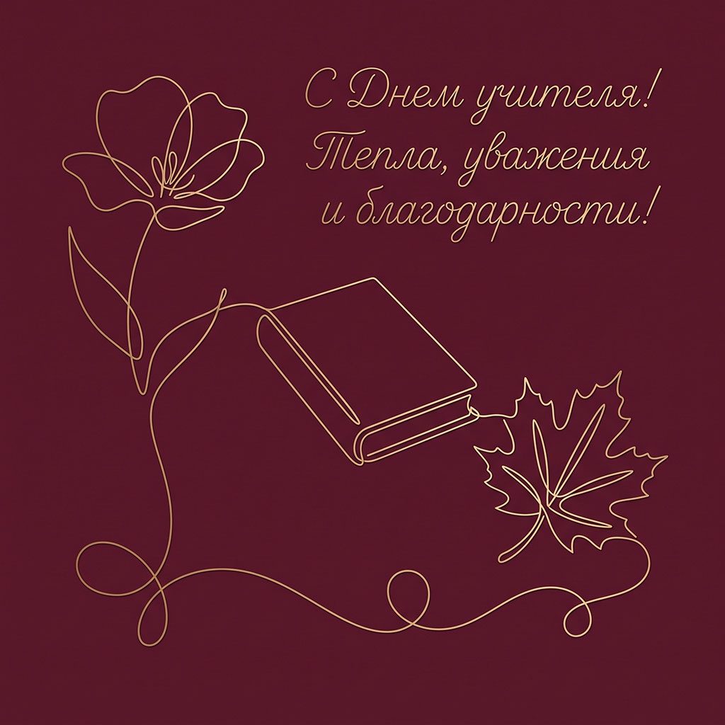 Открытка с контурными книгой, цветком и листом одной линией и текстом: "С Днем учителя! Тепла, уважения и благодарности!"