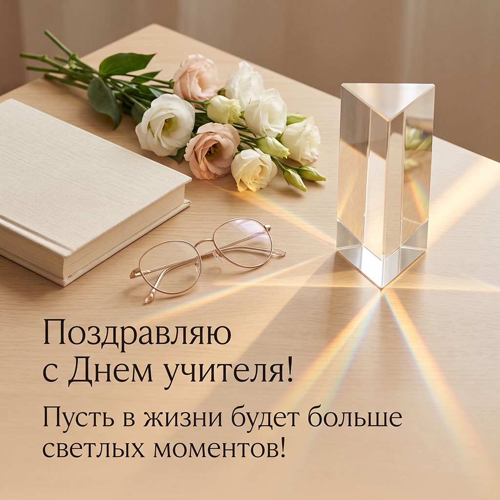 Открытка в теплых бежевых тонах с розами, бликами света и текстом: "Поздравляю с Днем учителя! Пусть в жизни будет больше светлых моментов!"