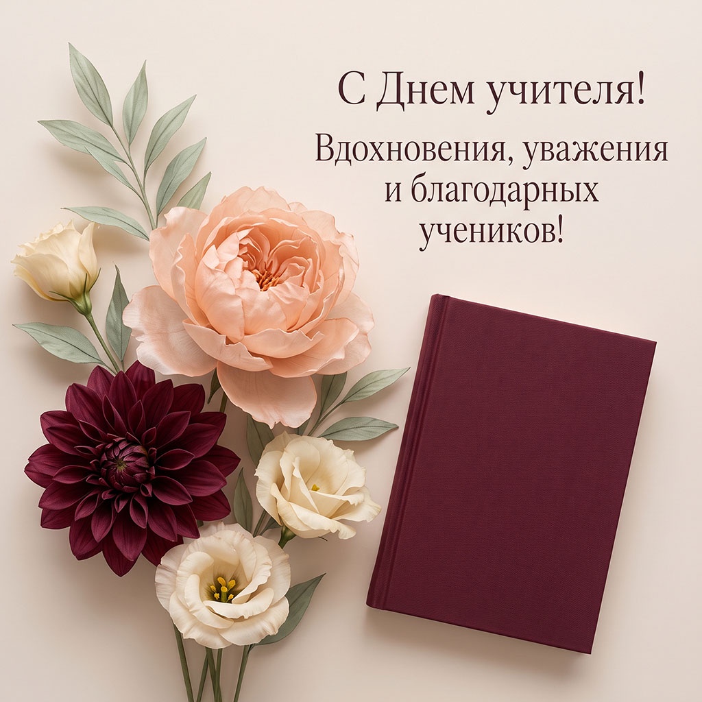 Открытка с цветами и книгой в пастельных тонах и текстом: "С Днем учителя! Вдохновения, уважения и благодарных учеников!"