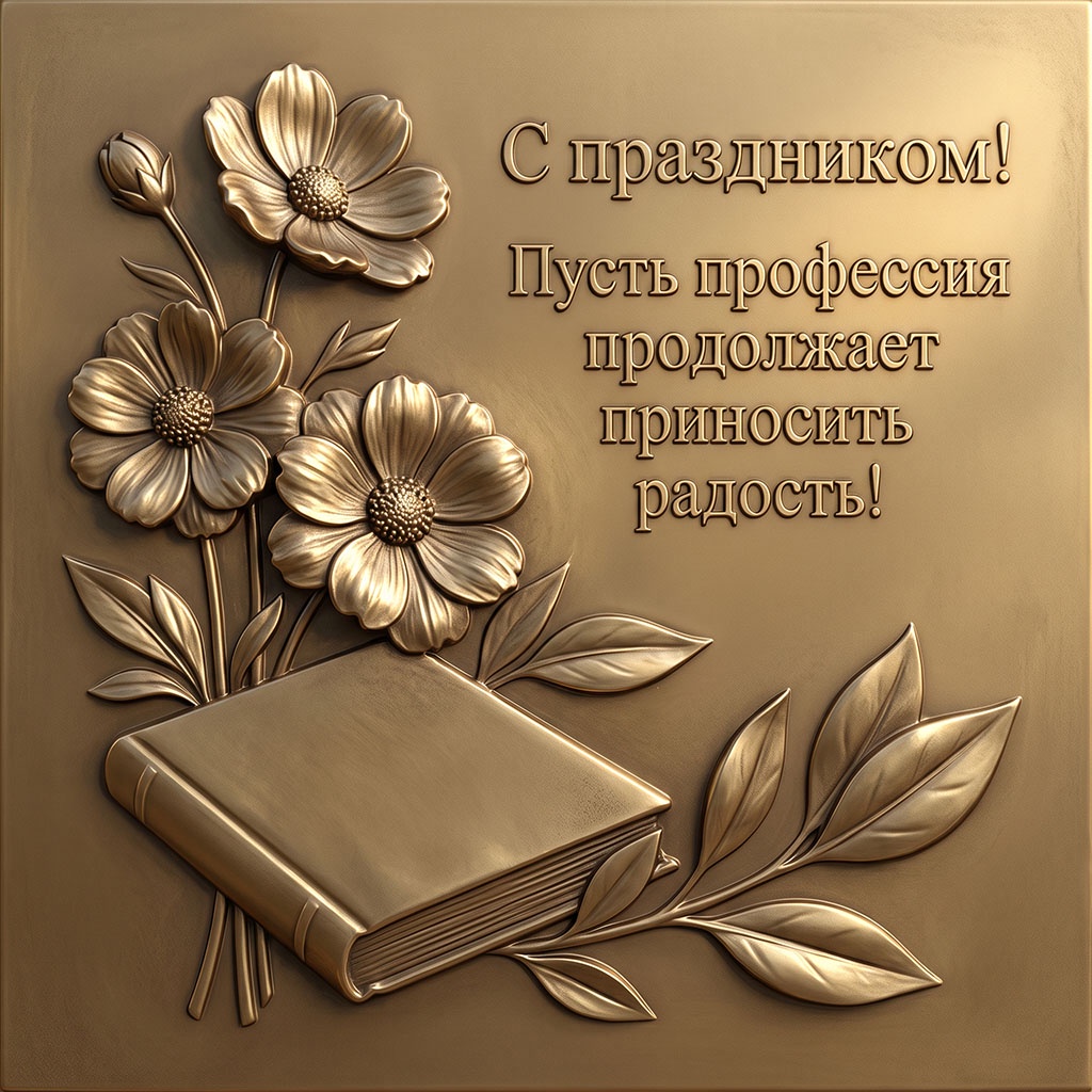 Открытка с бронзовыми цветами и книгой в технике барельефа и текстом: "С праздником! Пусть профессия продолжает приносить радость!"