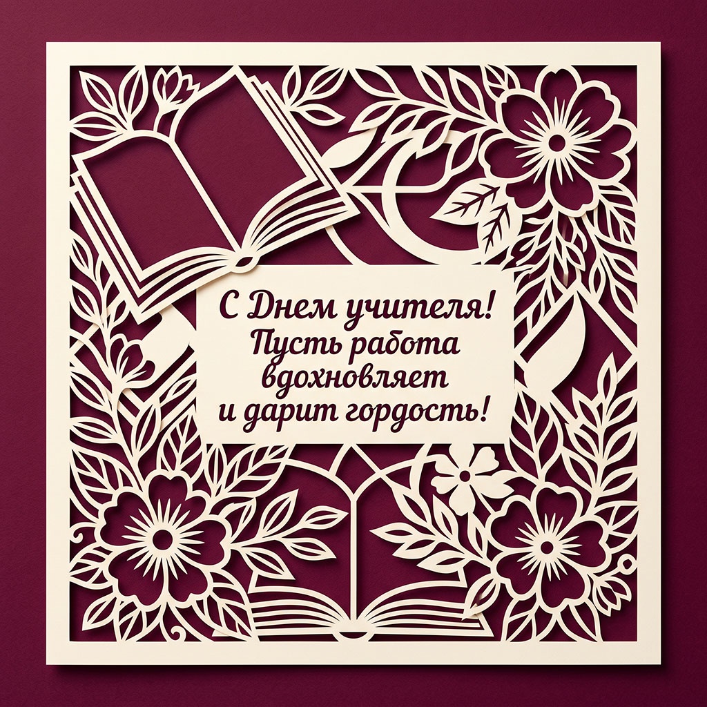 Открытка с вырезанными из бумаги книгой, цветами и текстом: "С Днем учителя! Пусть работа вдохновляет и дарит гордость!"