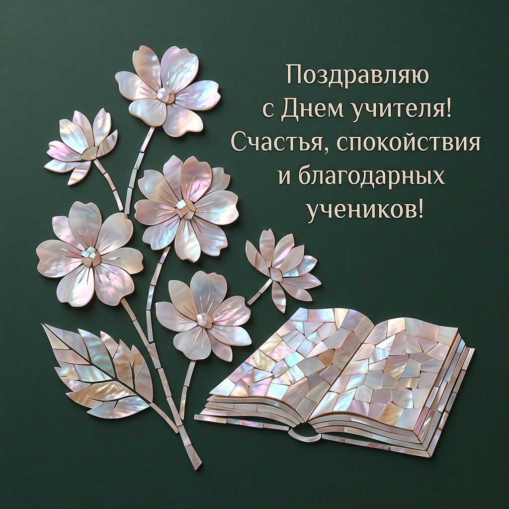 Открытка с цветами и книгой из перламутровой мозаики на темно-зеленом фоне и текстом: "Поздравляю с Днем учителя! Счастья, спокойствия и благодарных учеников!"