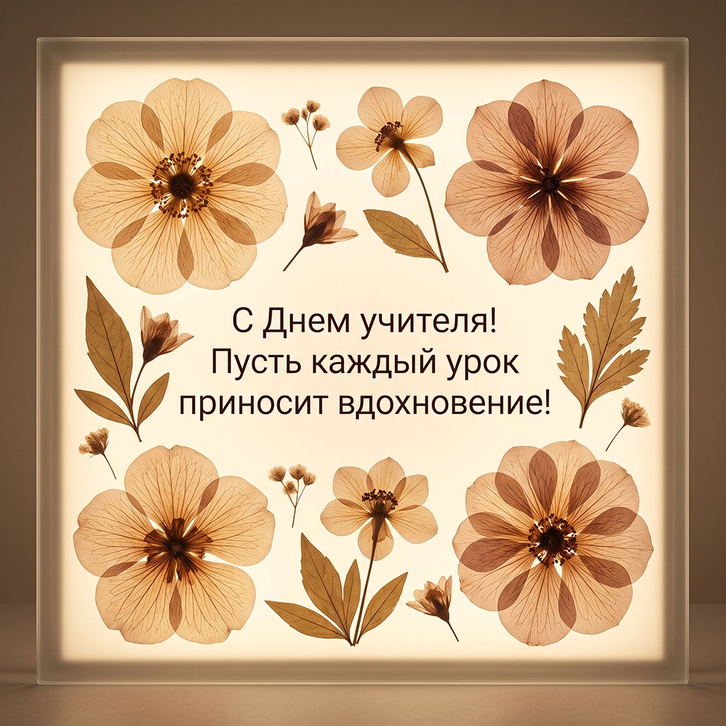 Светящаяся открытка с сухими листьями, цветами и текстом: "С Днем учителя! Пусть каждый урок приносит вдохновение!"
