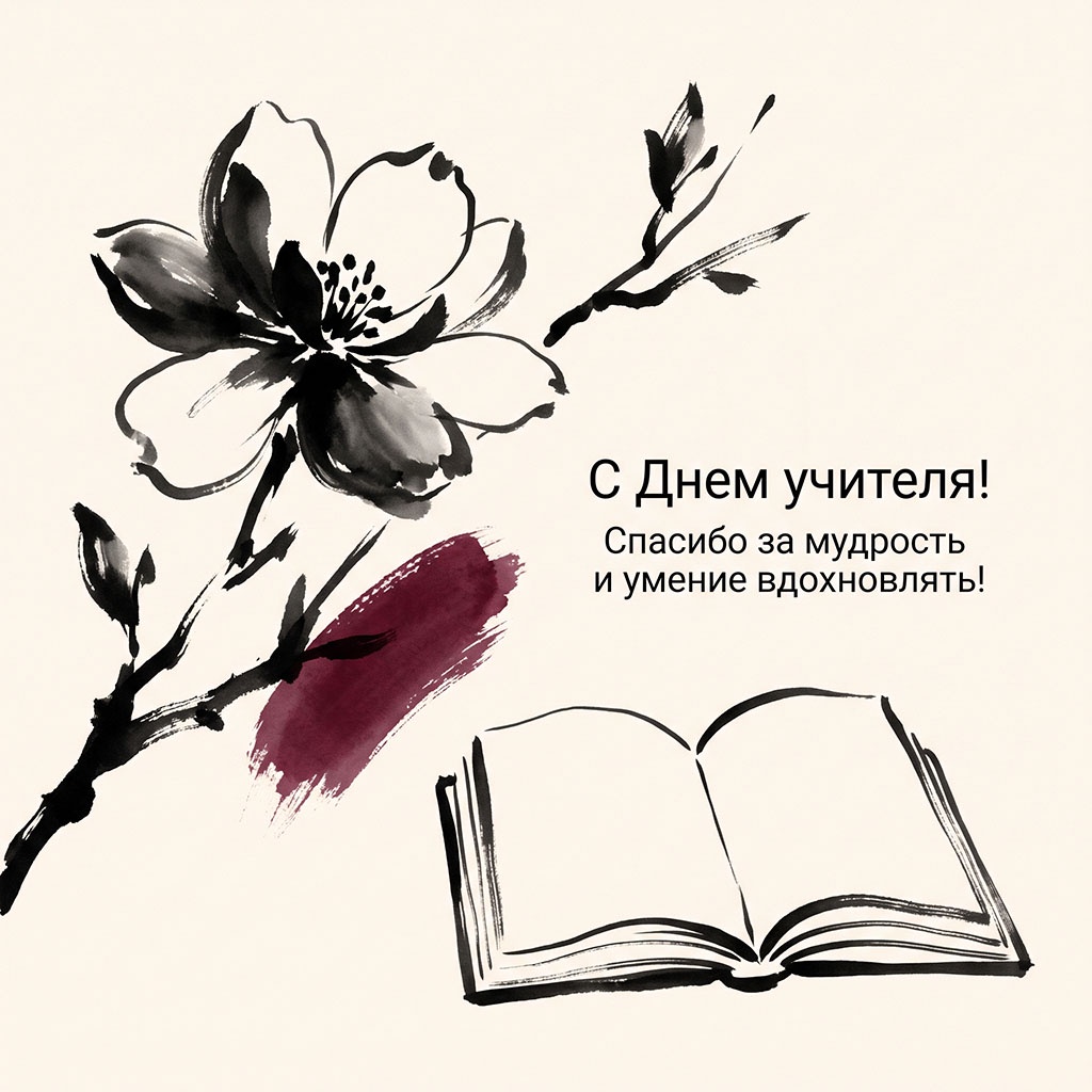 Открытка в технике китайской живописи с цветущей ветвью и текстом: "С Днем учителя! Спасибо за мудрость и умение вдохновлять!"