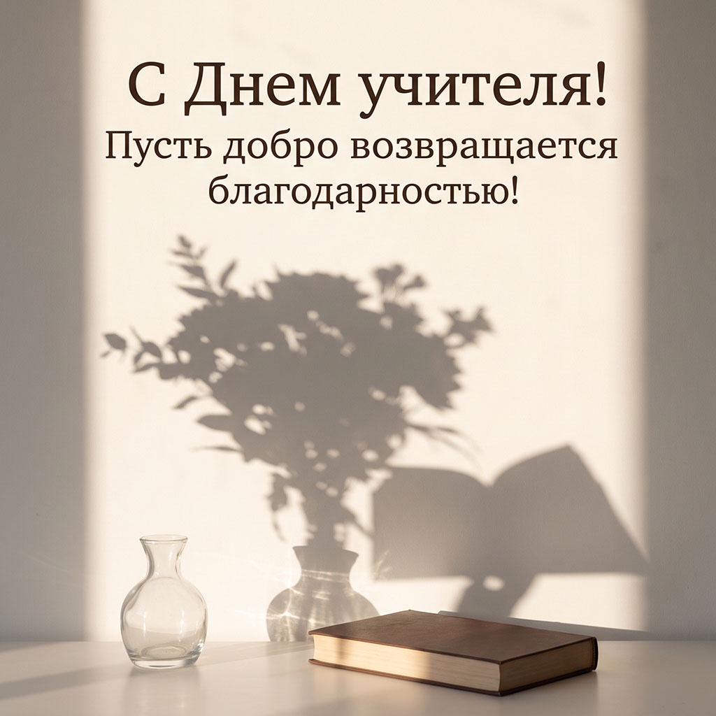 Открытка с теневой иллюзией и текстом: "С Днем учителя! Пусть добро возвращается благодарностью!"