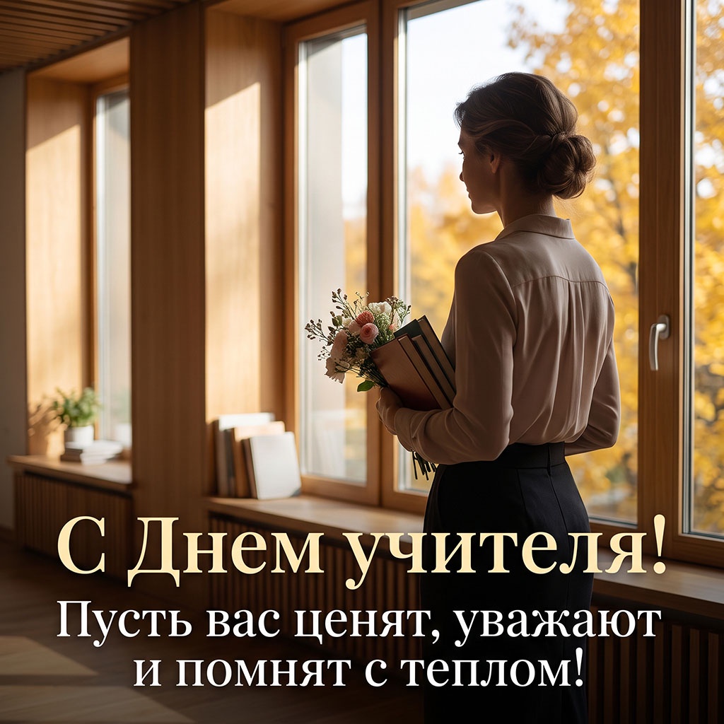 Фотооткрытка с педагогом с цветами и текстом: "С Днем учителя! Пусть вас ценят, уважают и помнят с теплом!"