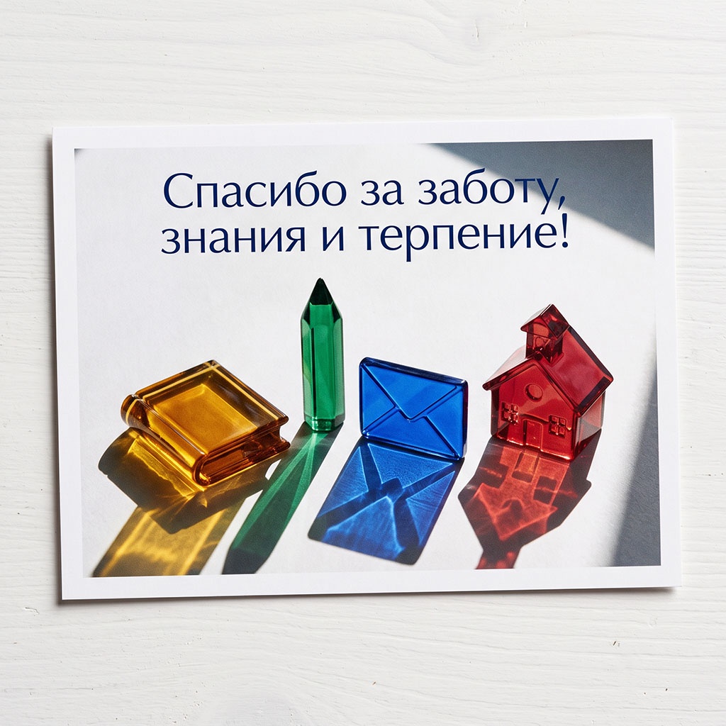 Открытка с книгой, карандашом, конвертом и домом из цветного стекла и текстом: "Спасибо за заботу, знания и терпение!"