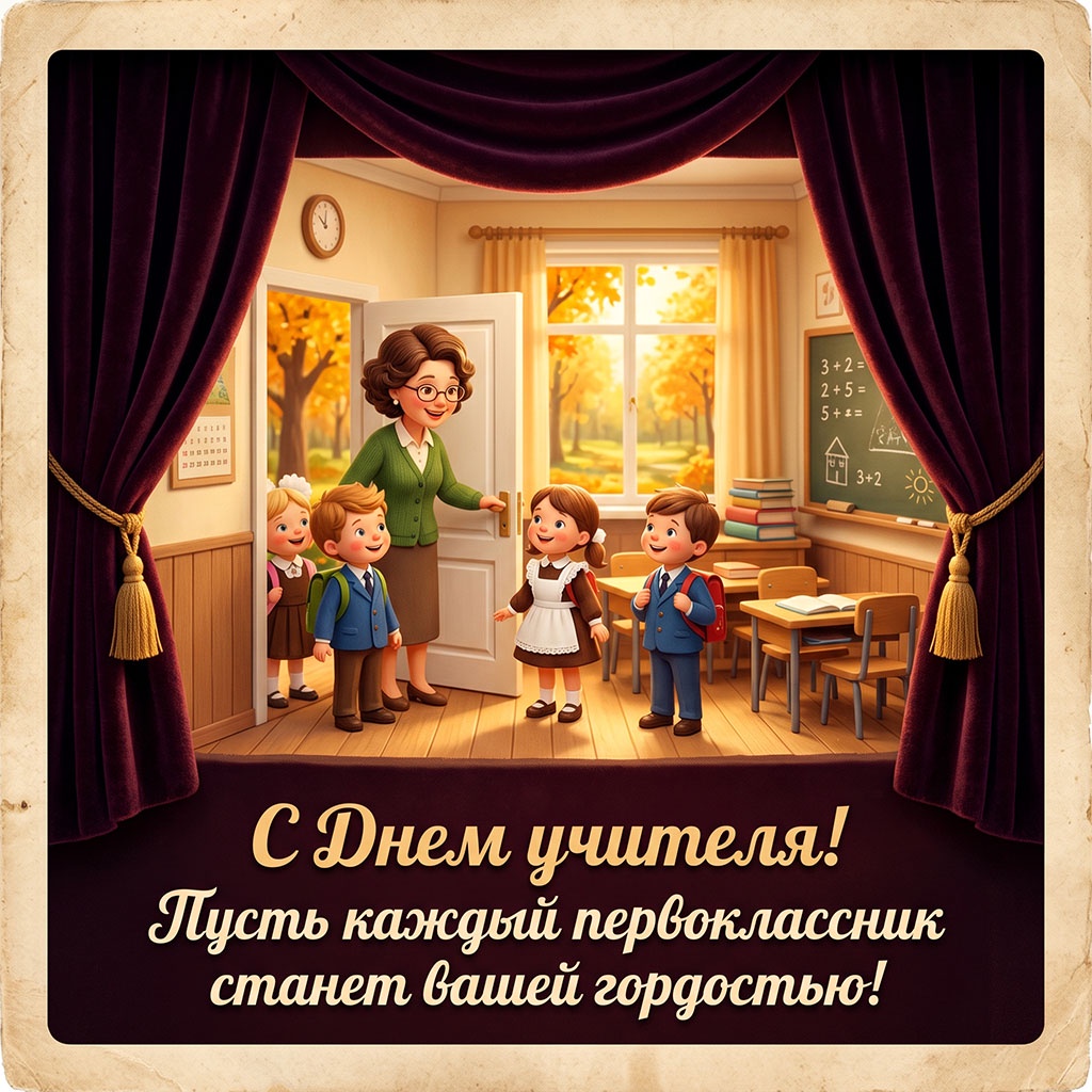Мультипликационная открытка с преподавателем, учениками и текстом: "С Днем учителя! Пусть каждый первоклассник станет вашей гордостью!"