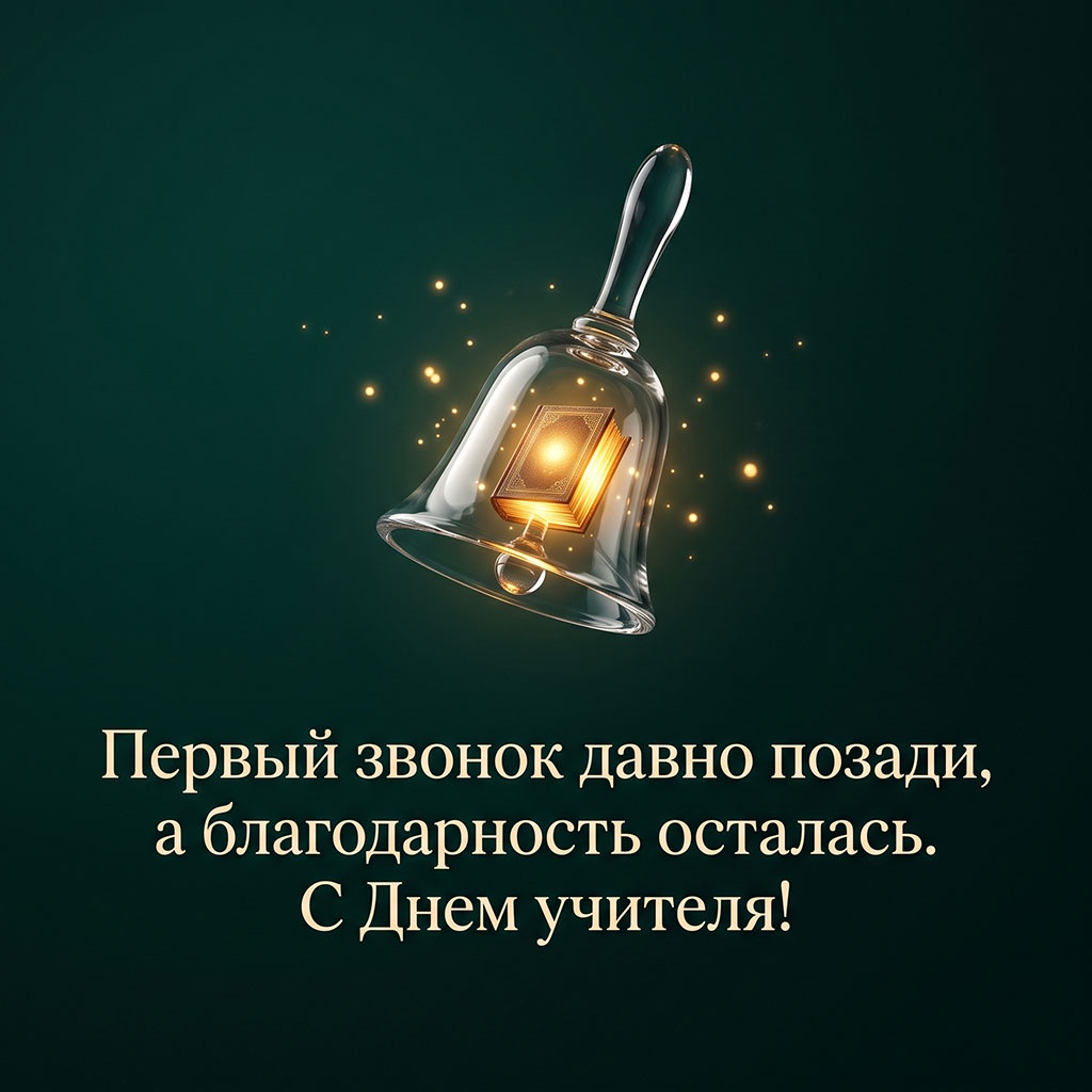 Открытка с прозрачным стеклянным колокольчиком, светящейся книгой внутри и текстом: "Первый звонок давно позади, а благодарность осталась. С Днем учителя!"