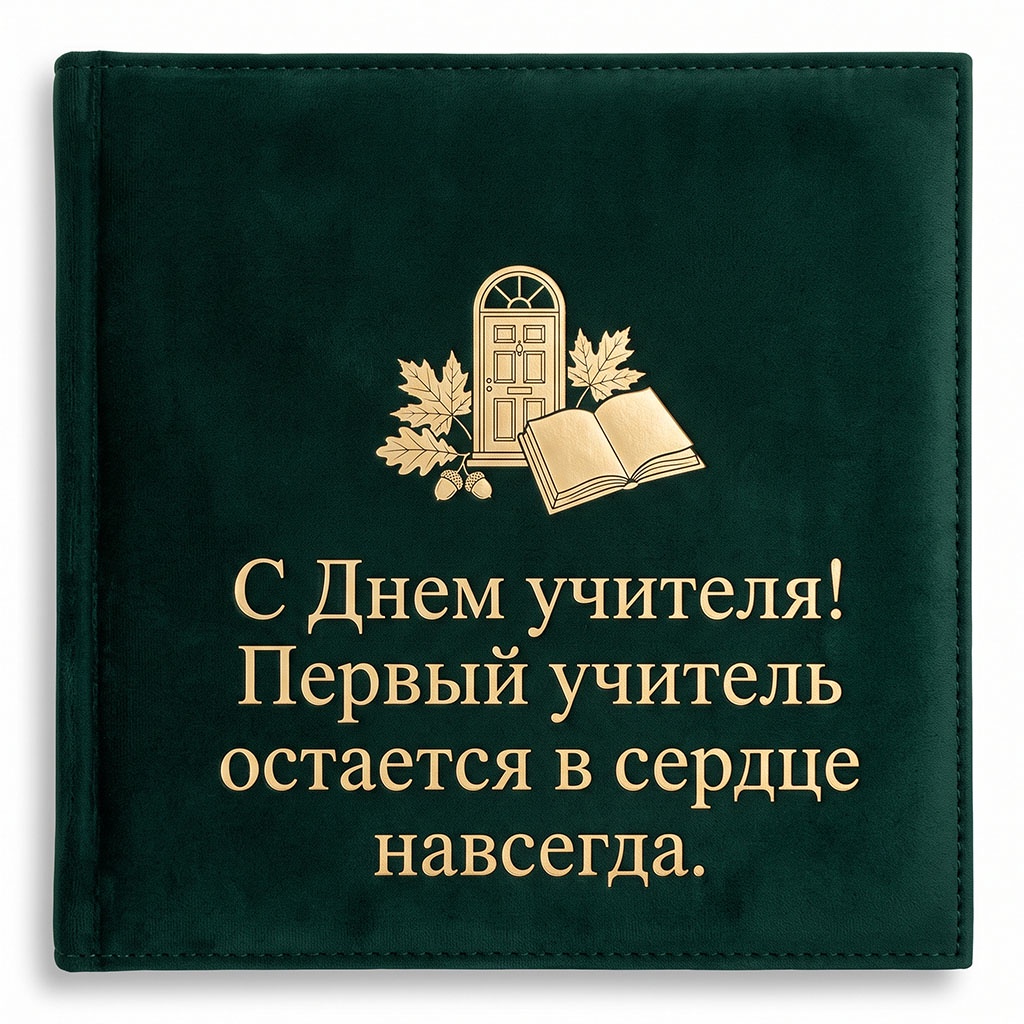 Открытка с бархатным блокнотом с золотой дверью, книгой и текстом: "С Днем учителя! Первый учитель остается в сердце навсегда!"