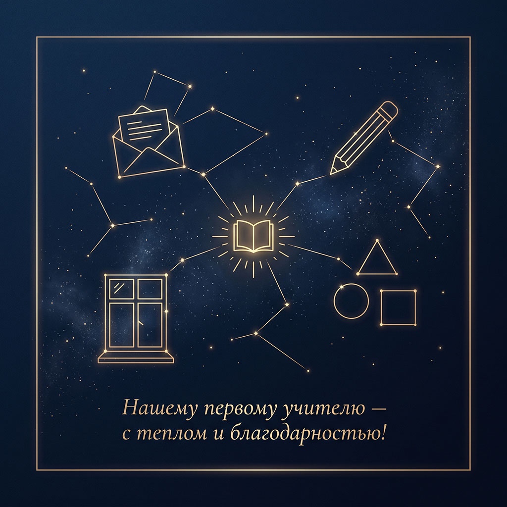 Открытка с золотыми созвездиями, контурной книгой и текстом "Нашему первому учителю - с теплом и благодарностью!"