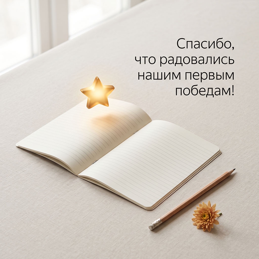 Открытка с тетрадью в линейку, светящейся золотой звездой и текстом: "Спасибо, что радовались нашим первым победам!"