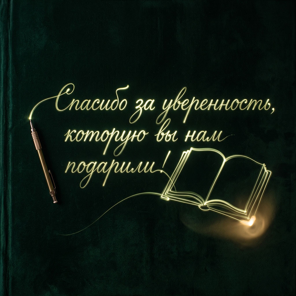 Открытка на темно-зеленом бархате со светящимися контурами книги и текстом: "Спасибо за уверенность, которую вы нам подарили!"