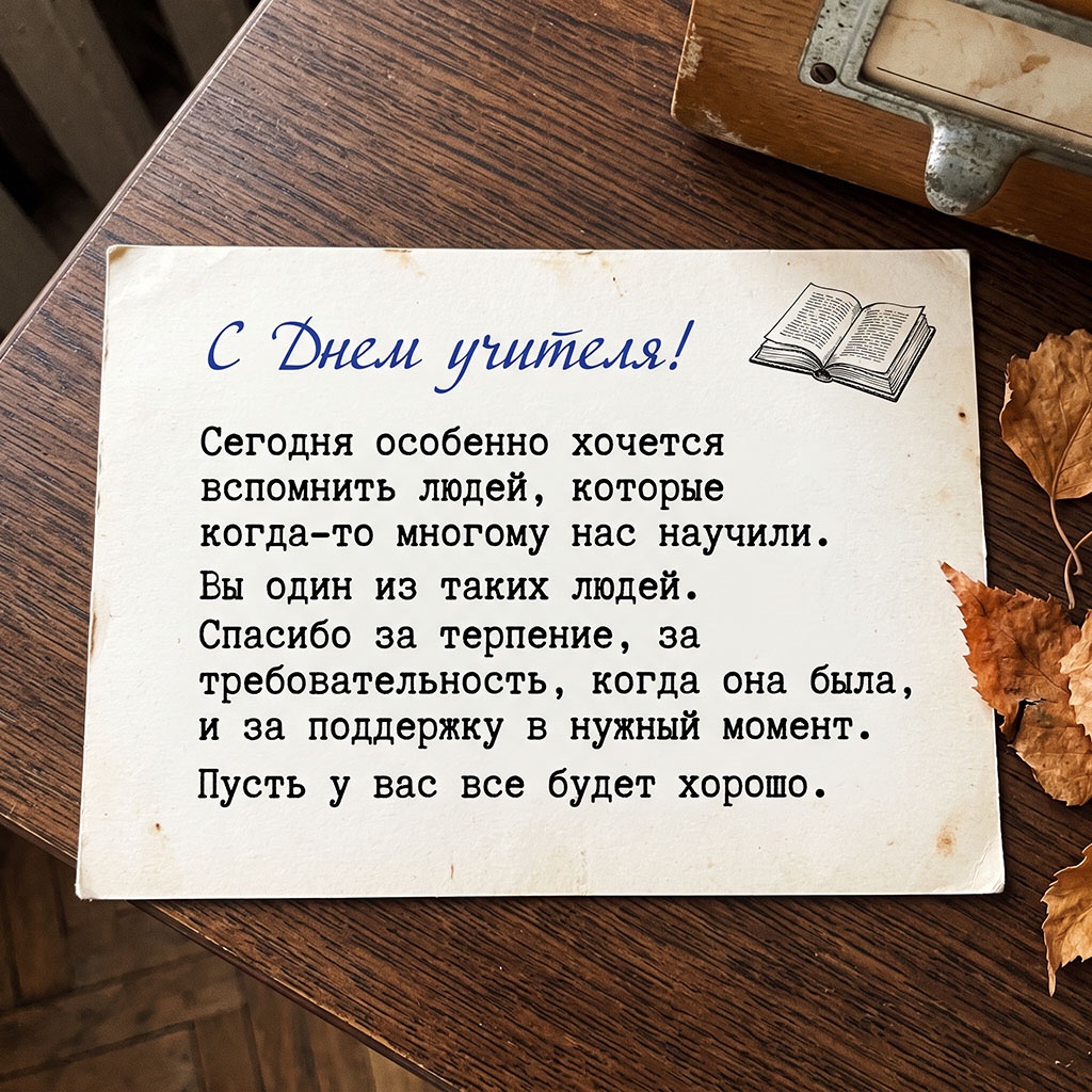 Винтажная открытка с текстом: "С Днем учителя! Сегодня особенно хочется вспомнить людей, которые когда-то многому нас научили. Вы один из таких людей. Спасибо за терпение, за требовательность, когда она была, и за поддержку в нужный момент. Пусть у вас все будет хорошо."