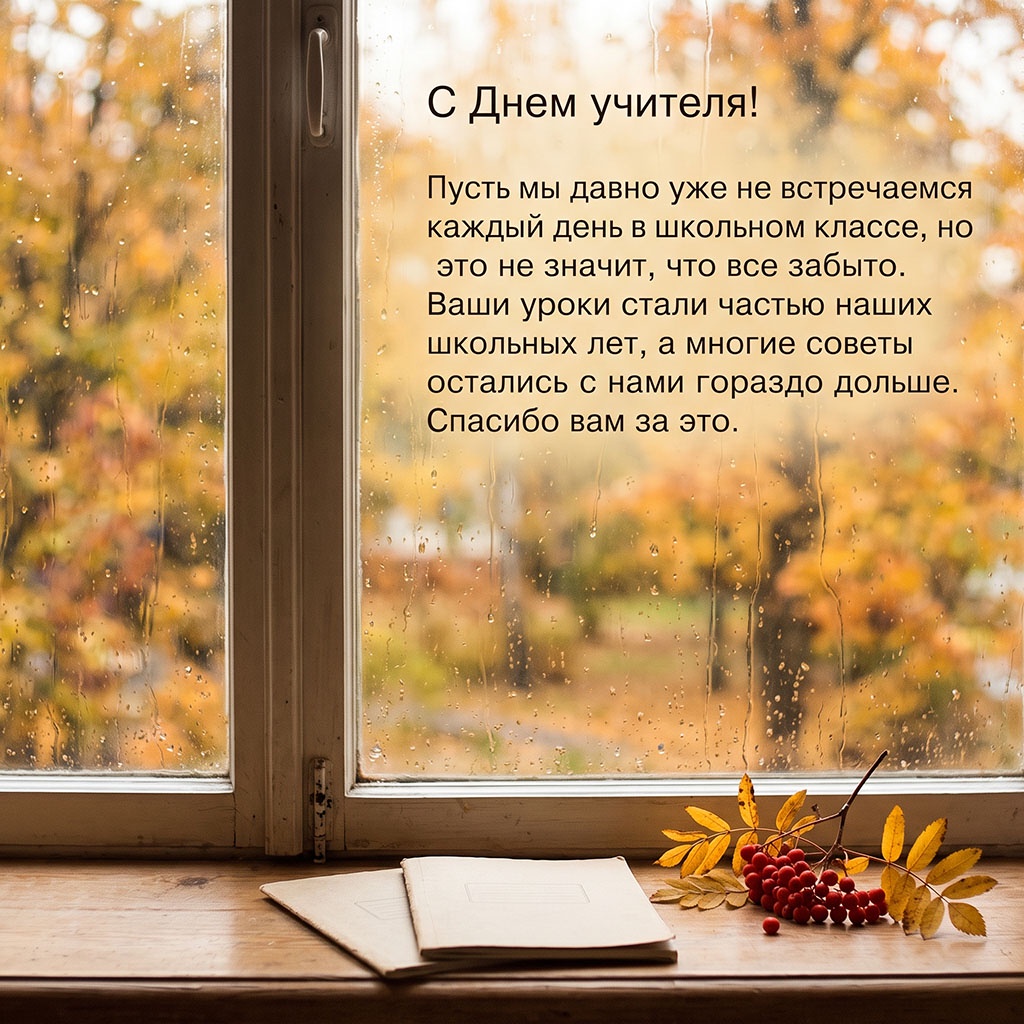 Открытка с тетрадями на подоконнике и текстом: "С Днем учителя! Пусть мы давно уже не встречаемся каждый день в школьном классе, но это не значит, что все забыто. Ваши уроки стали частью наших школьных лет, а многие советы остались с нами гораздо дольше. Спасибо вам за это."
