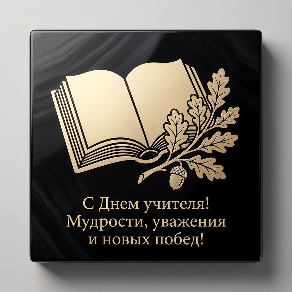 Открытка с золотой книгой, ветвью дуба с желудем на полированном черном камне и текстом: "С Днем учителя! Мудрости, уважения и новых побед!"