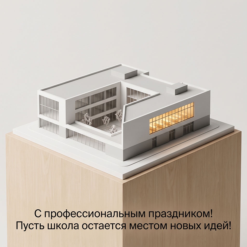 Открытка с макетом новой школы с теплым светом в окнах и текстом: "С профессиональным праздником! Пусть школа остается местом новых идей!"
