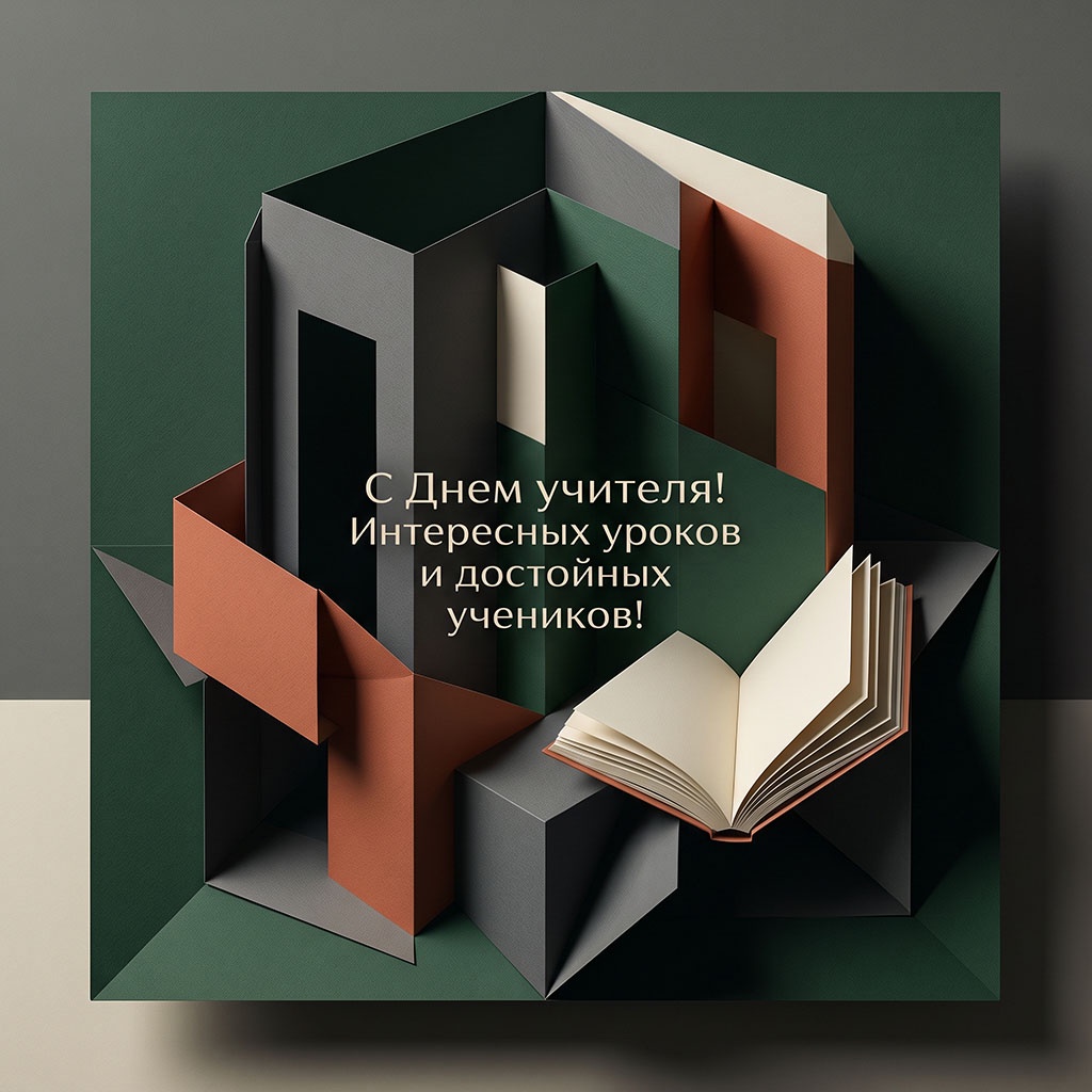 Объемная бумажная открытка с книгой, зданием института и текстом: "С Днем учителя! Интересных уроков и достойных учеников!"