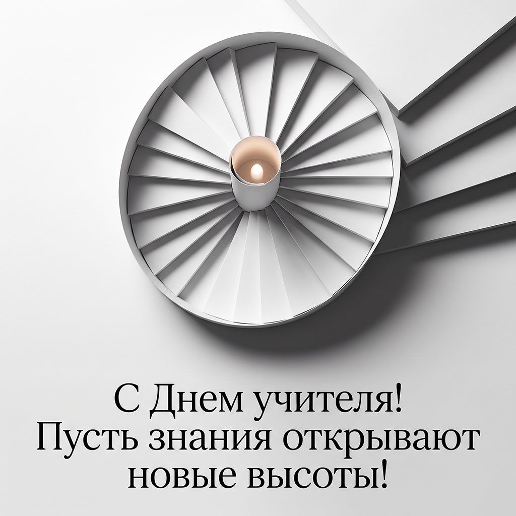 Открытка с белой винтовой лестницей, горящей свечой в центре и текстом: "С Днем учителя! Пусть знания открывают новые высоты!"