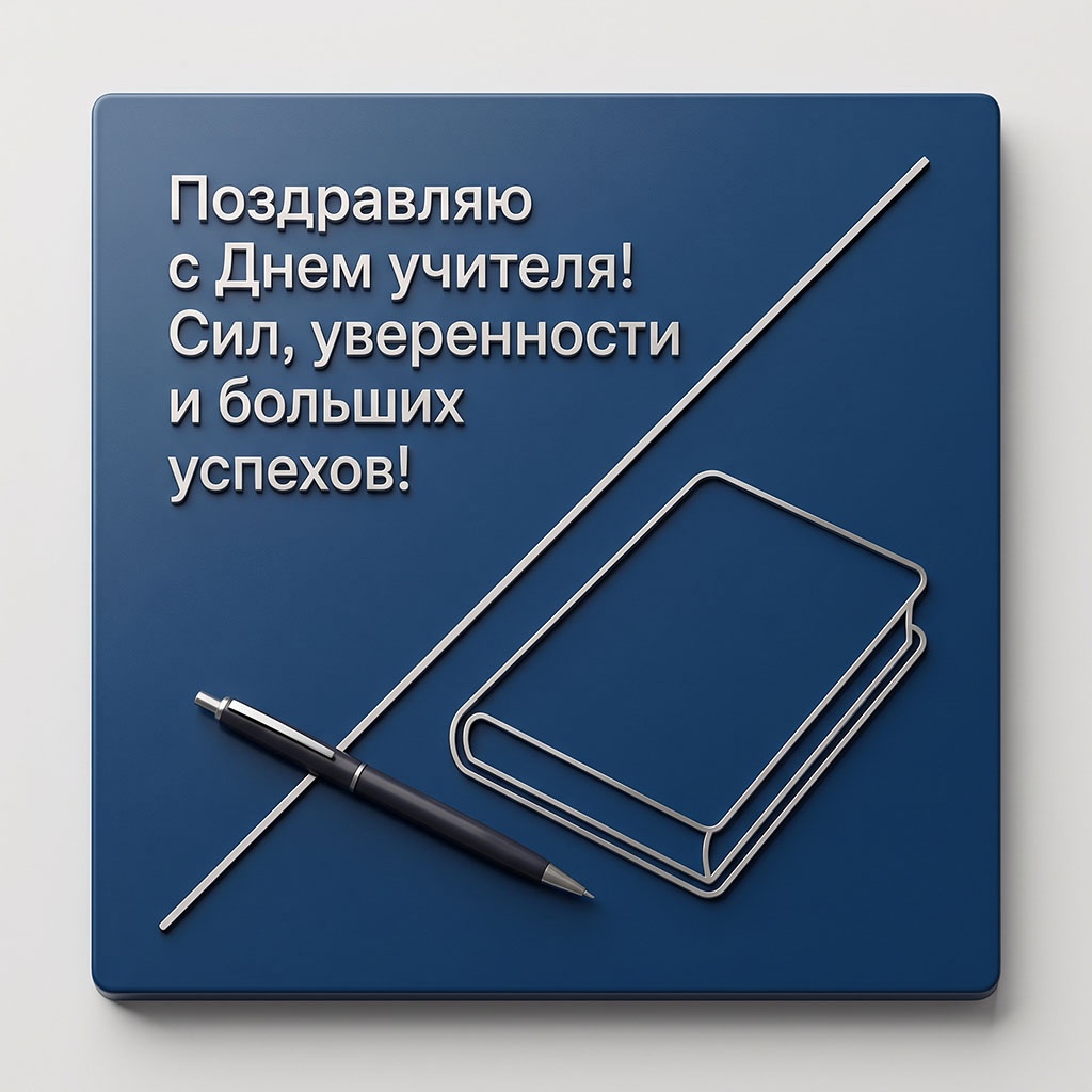 Открытка на синем фоне с контурной книгой, ручкой и текстом: "Поздравляю с Днем учителя! Сил, уверенности и больших успехов!"