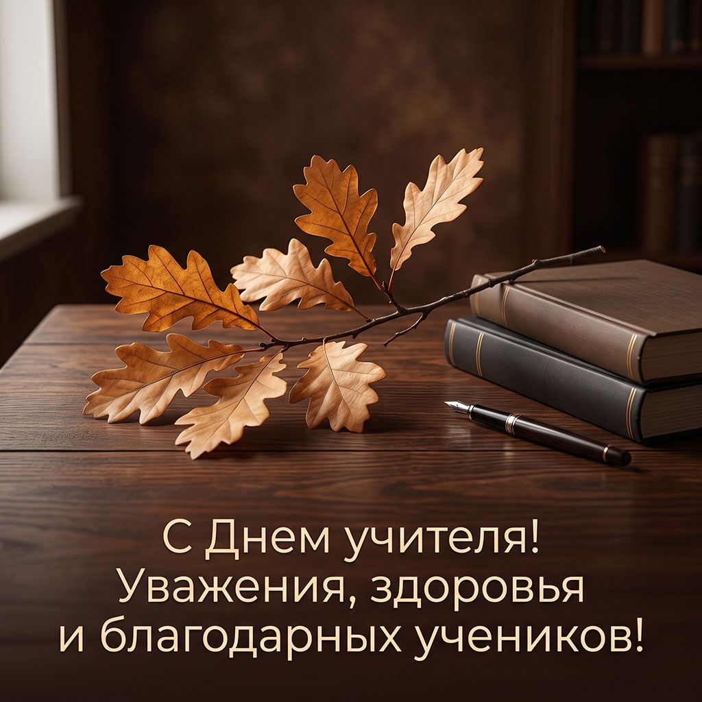 Открытка с ветвью дуба, перьевой ручкой, книгами на темном деревянном столе и текстом: "С Днем учителя! Уважения, здоровья и благодарных учеников!"