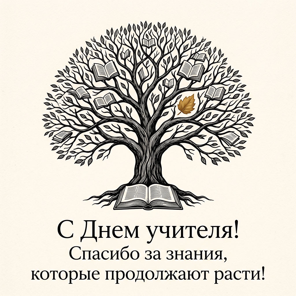Открытка с раскрытыми книгами на ветвях дерева и текстом: "С Днем учителя! Спасибо за знания, которые продолжают расти!"
