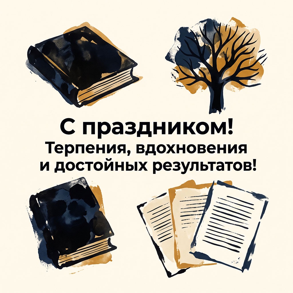 Открытка в стиле акварельного скетча с книгами, деревом и текстом: "С праздником! Терпения, вдохновения и достойных результатов!"