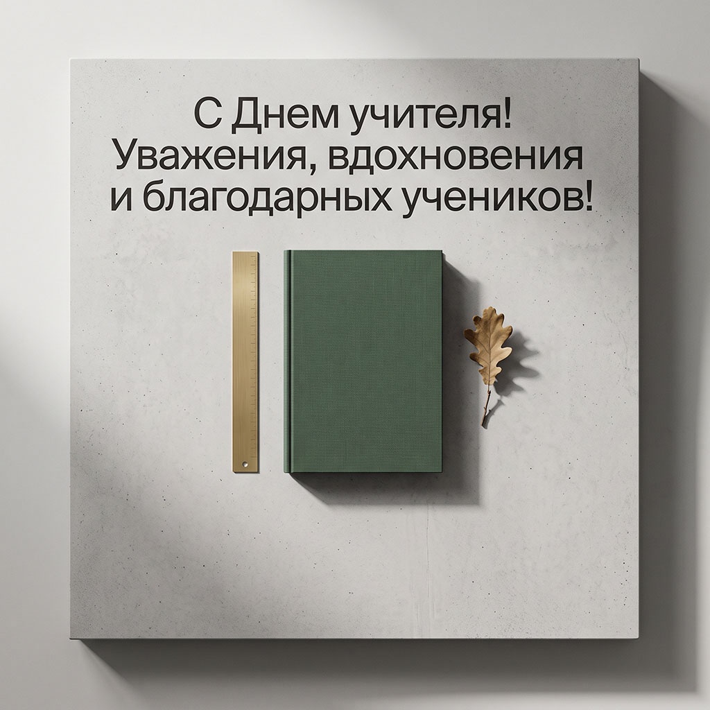 Минималистичная открытка на светлом фоне с линейкой, зеленым учебником и текстом: "С Днем учителя! Уважения, вдохновения и благодарных учеников!"
