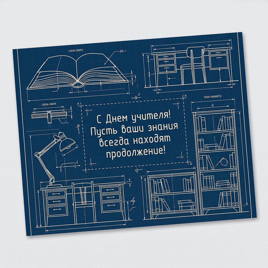 Открытка в стиле чертежа с книгой, письменным столом, шкафами, лампой и текстом: "С Днем учителя! Пусть ваши знания всегда находят продолжение!"