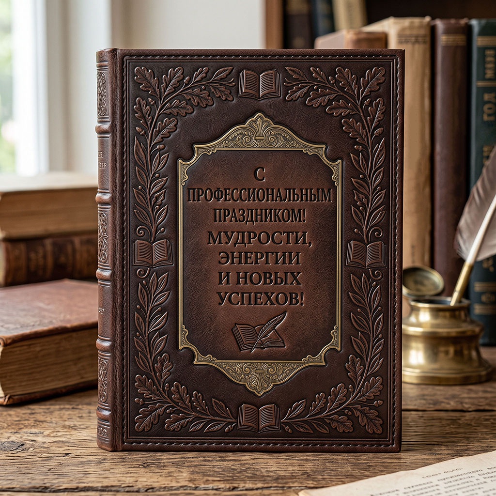 Открытка с книгой в кожаном переплете с медной рамкой, тиснеными ветками и текстом: "С профессиональным праздником! Мудрости, энергии и новых успехов!"