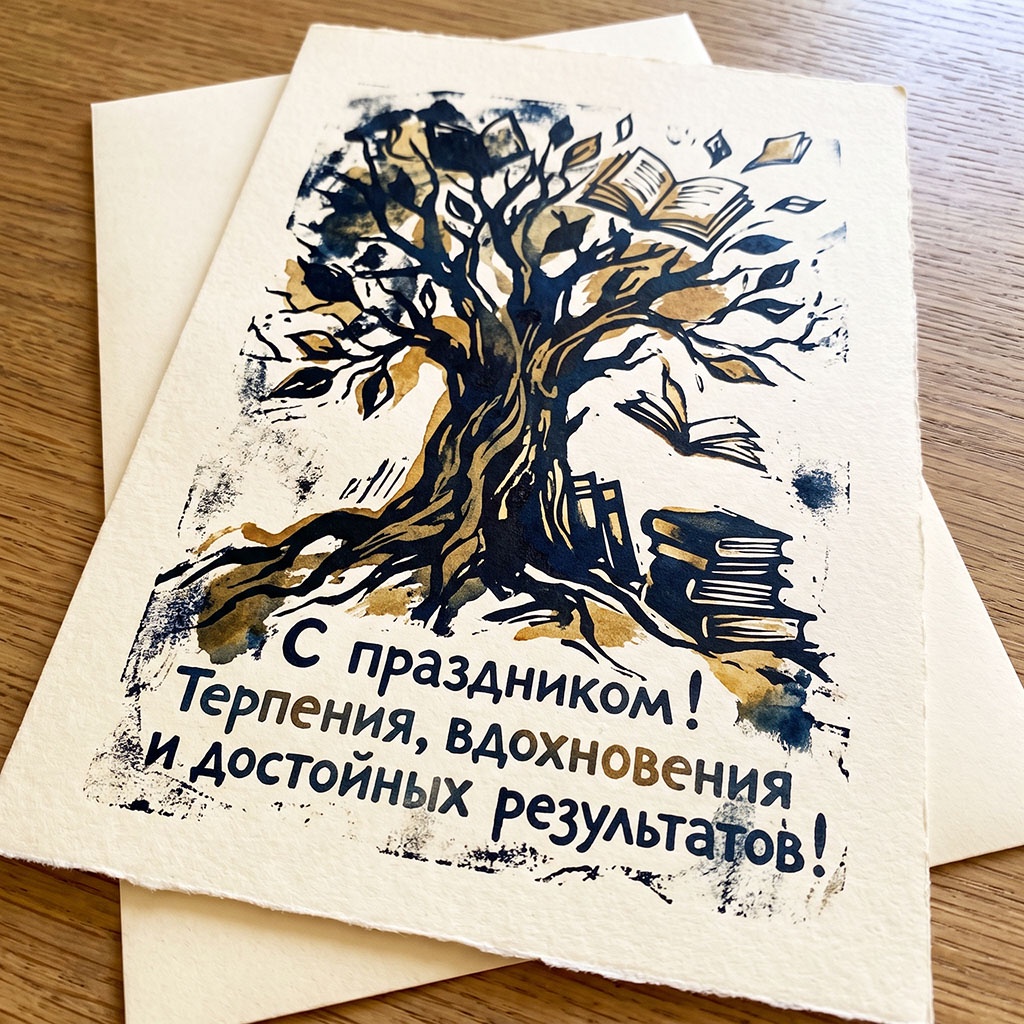Художественная открытка с могучим дубом, книгами у корней и текстом: "С праздником! Терпения, вдохновения и достойных результатов!"