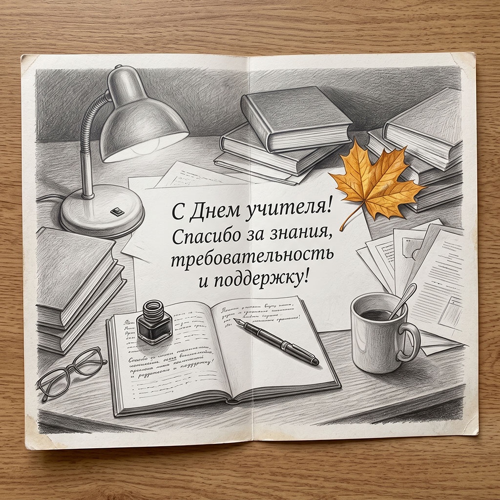 Открытка с детализированным карандашным рисунком письменного стола и текстом: "С Днем учителя! Спасибо за знания, требовательность и поддержку!"