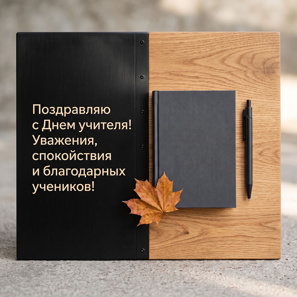 Открытка с блокнотом и ручкой на деревянно-металлической подставке и текстом: "Поздравляю с Днем учителя! Уважения, спокойствия и благодарных учеников!"