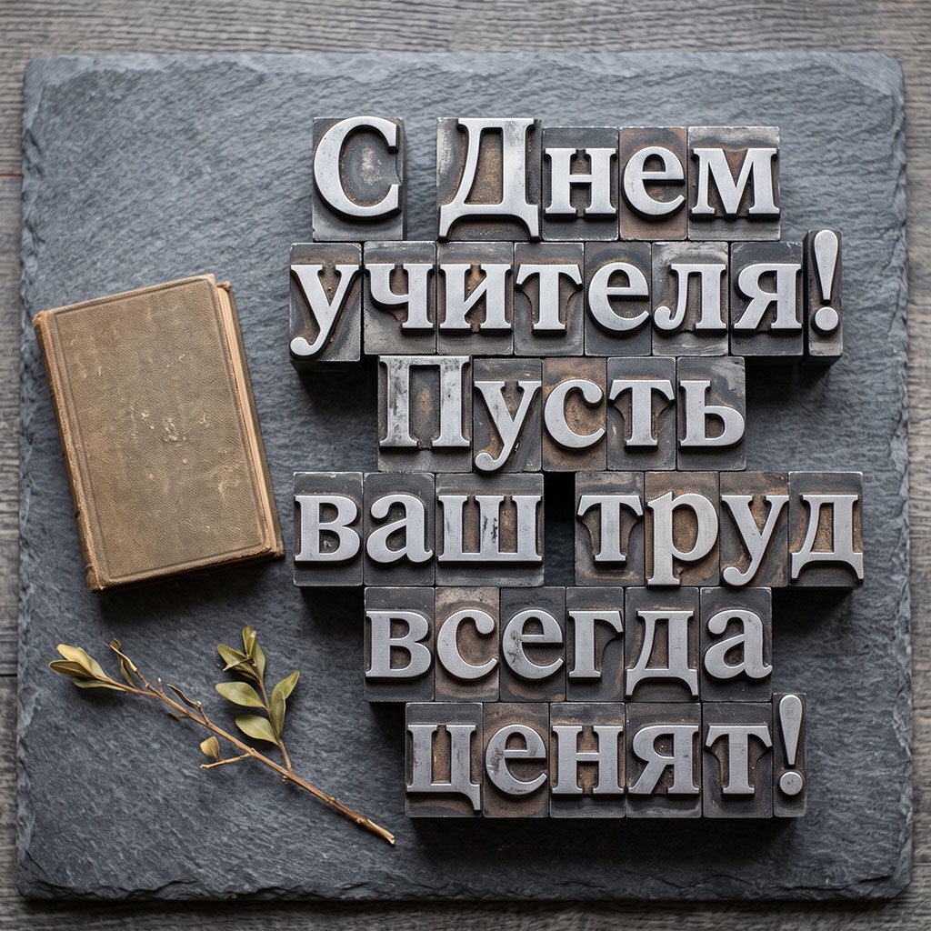 Открытка на сланце с металлическими объемными литерами в старинном стиле и текстом "С Днем учителя! Пусть ваш труд всегда ценят!"