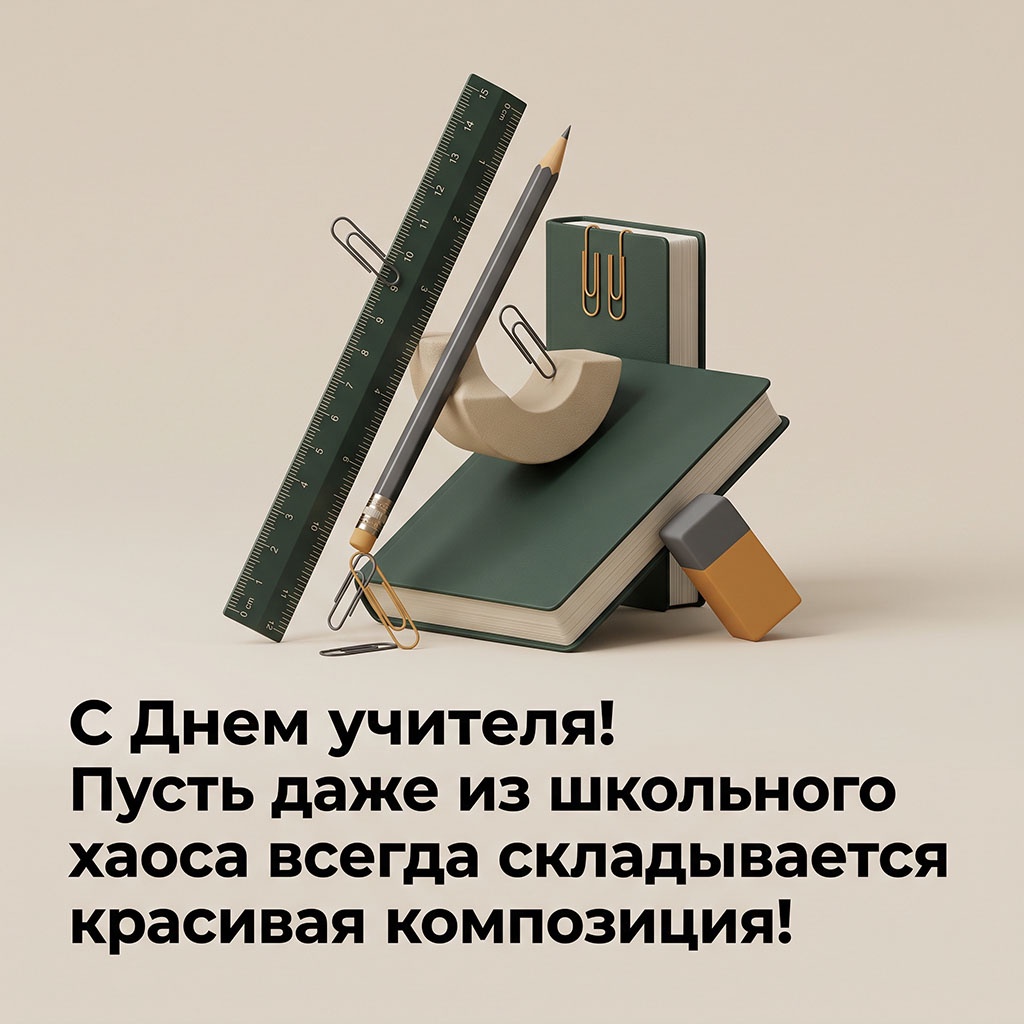 Открытка с арт-объектом из книг, линейки, карандаша, скрепок, ластика и текстом: "С Днем учителя! Пусть даже из школьного хаоса всегда складывается красивая композиция."