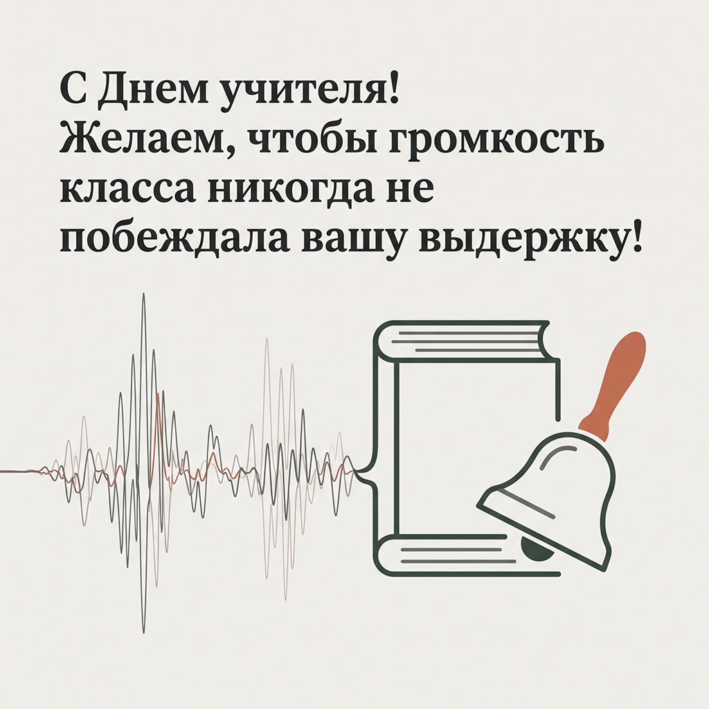 Открытка с линией аудиоволны, контуром книги и текстом: "С Днем учителя! Желаем, чтобы громкость класса никогда не побеждала вашу выдержку!"