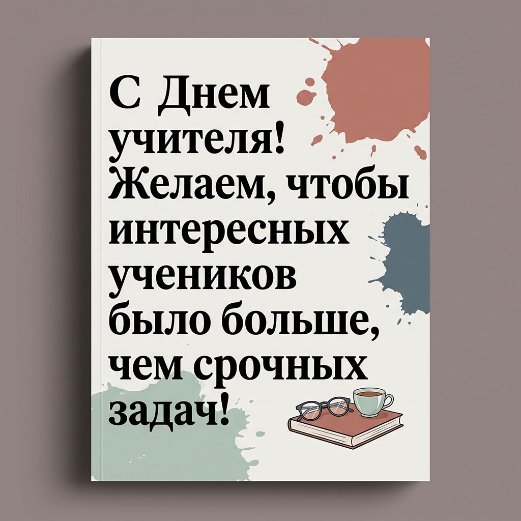 Открытка с цветными кляксами и текстом: "С Днем учителя! Желаем, чтобы интересных учеников было больше, чем срочных задач!"