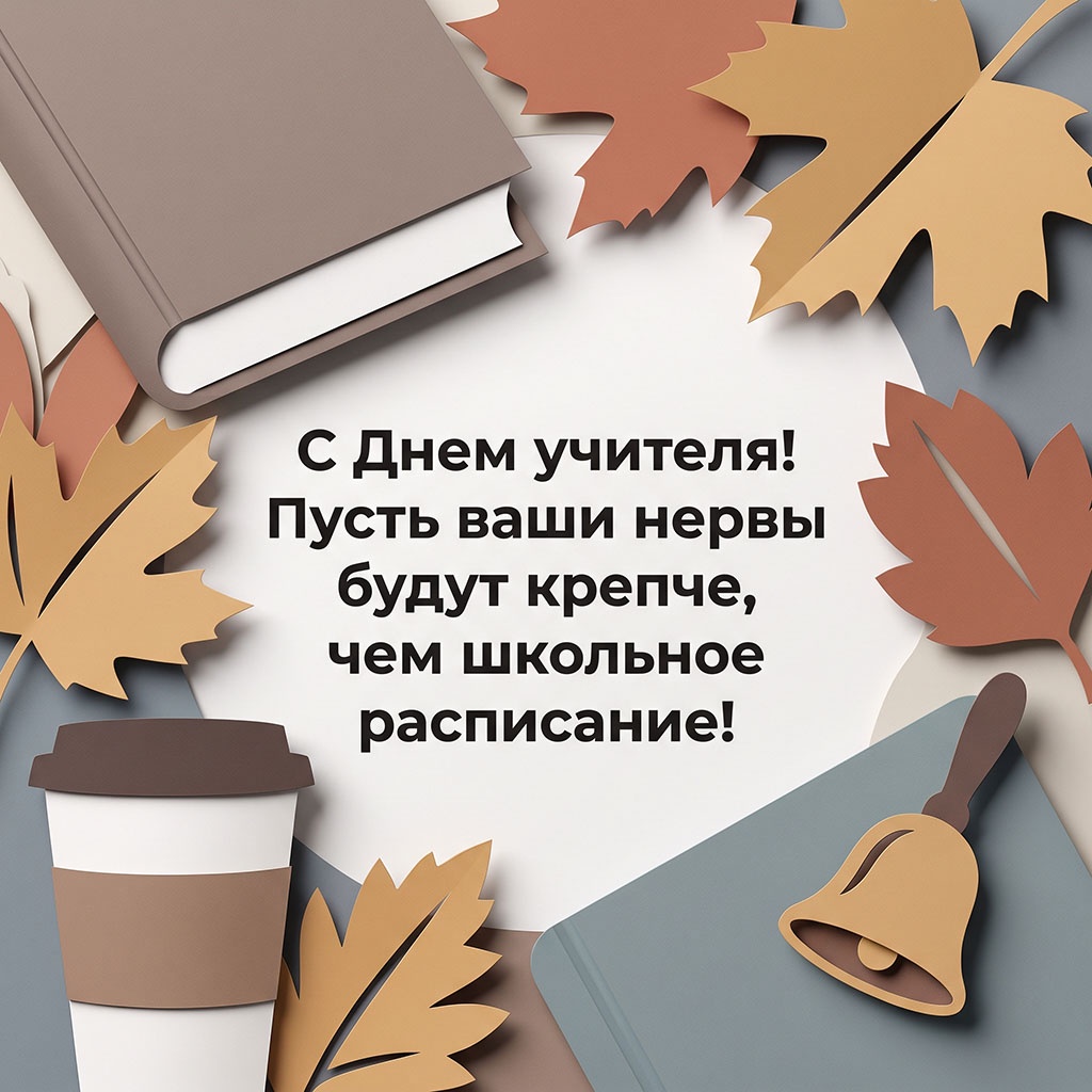 Открытка с бумажными кленовыми листьями и текстом: "С Днем учителя! Пусть ваши нервы будут крепче, чем школьное расписание!"
