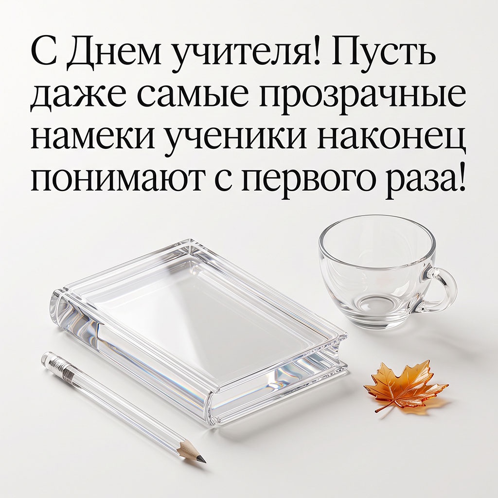 Прикольная открытка со стеклянной книгой и текстом: "С Днем учителя! Пусть даже самые прозрачные намеки ученики наконец понимают с первого раза!"