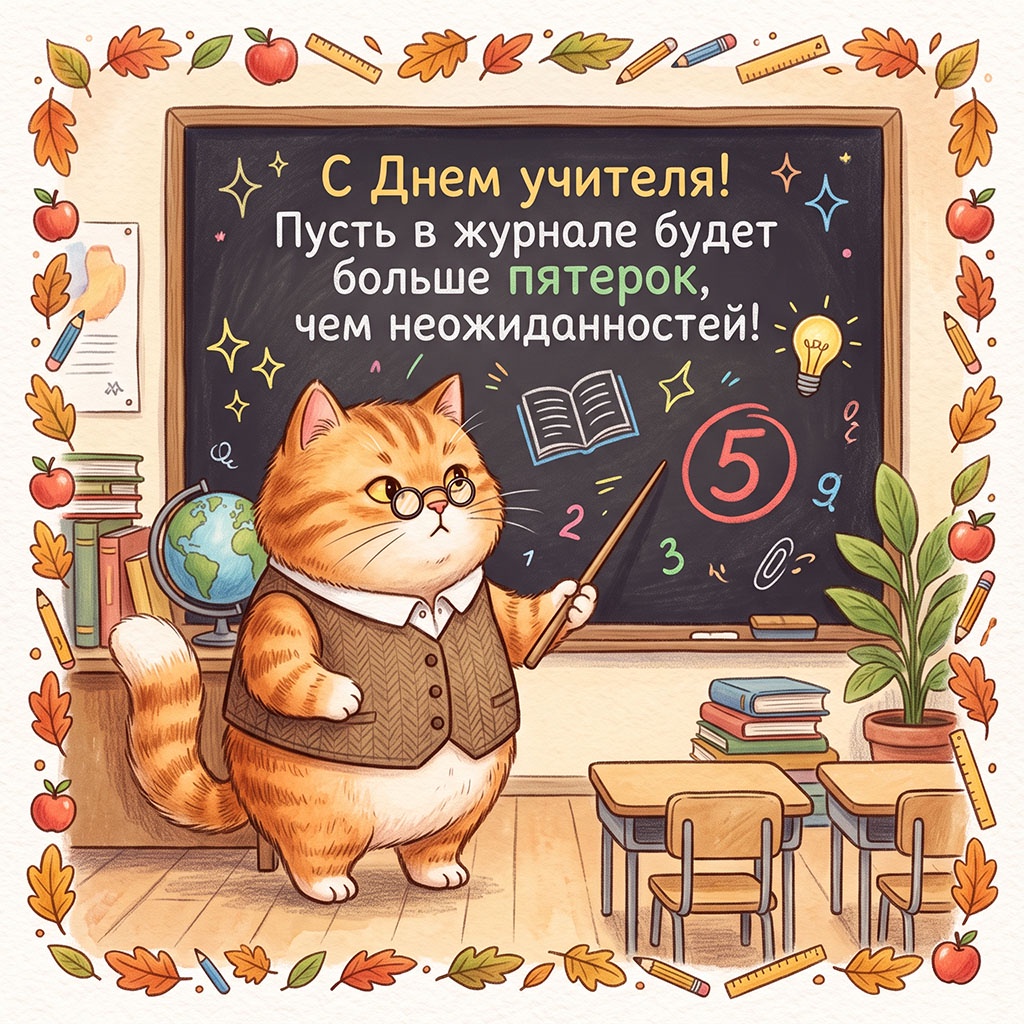 Открытка с котом в жилете и очках у доски и текстом: "С Днем учителя! Пусть в журнале будет больше пятерок, чем неожиданностей!"