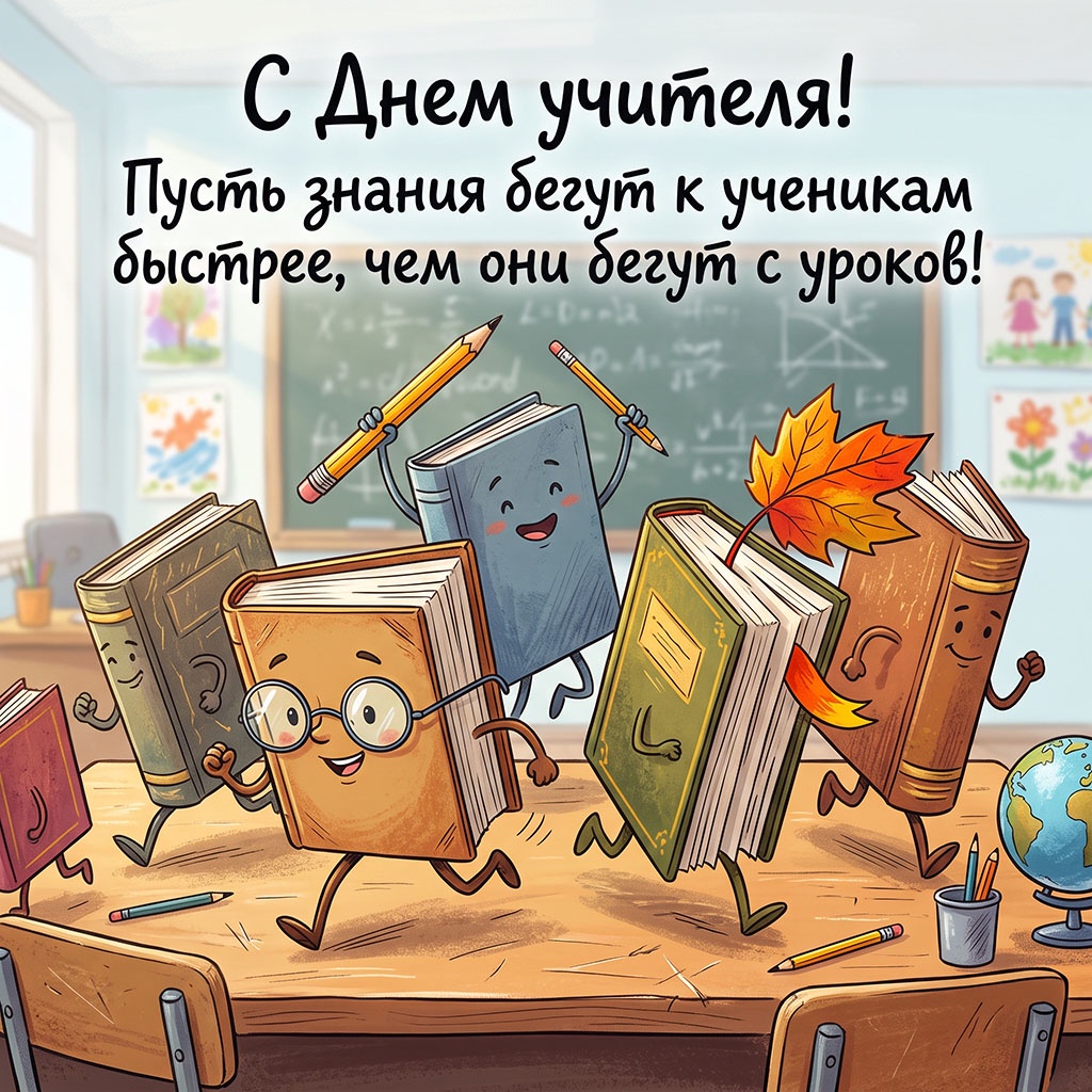 Мультяшная открытка с ожившими учебниками и текстом: "С Днем учителя! Пусть знания бегут к ученикам быстрее, чем они бегут с уроков!"