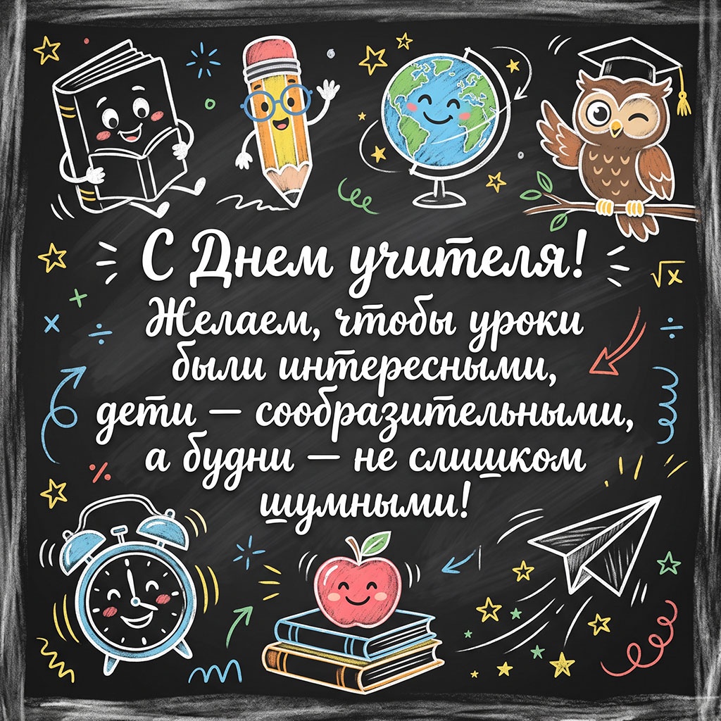 Открытка с меловыми рисунками глобуса, совы, будильника и текстом: "С Днем учителя! Желаем, чтобы уроки были интересными, дети - сообразительными, а будни - не слишком шумными!"