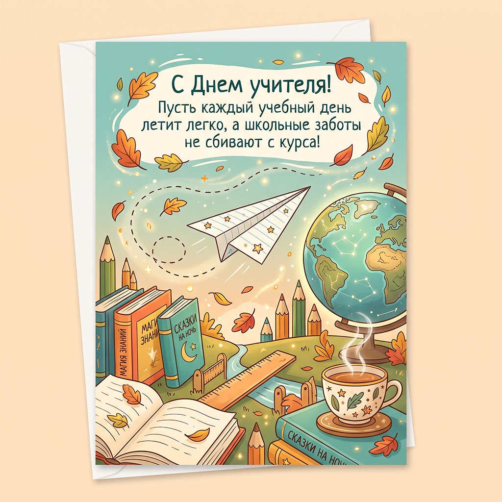 Прикольная открытка с волшебным пейзажем из книг, карандашей, глобуса, бумажного самолетика и текстом "С Днем учителя! Пусть каждый учебный день летит легко, а школьные заботы не сбивают с курса!"