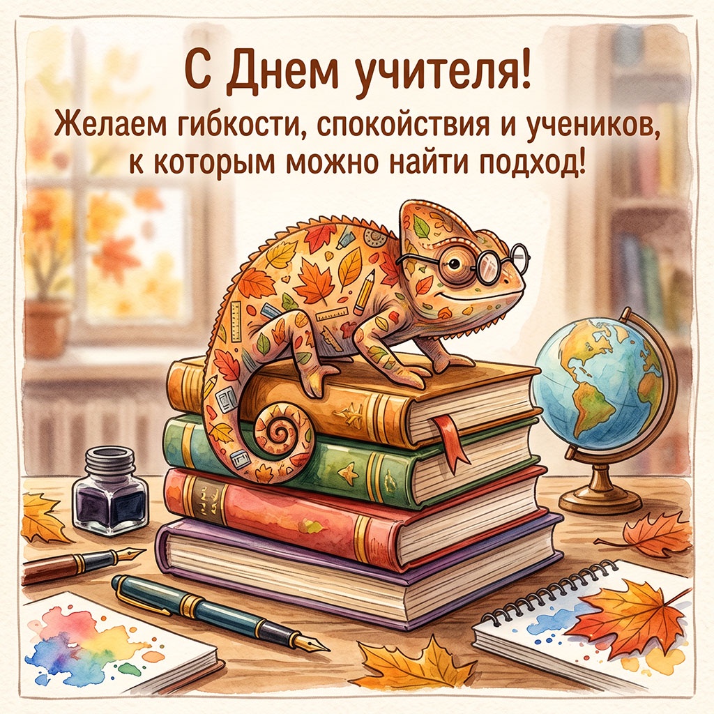 Прикольная открытка с хамелеоном в очках на стопке книги и текстом: "С Днем учителя! Желаем гибкости, спокойствия и учеников, к которым можно найти подход!"