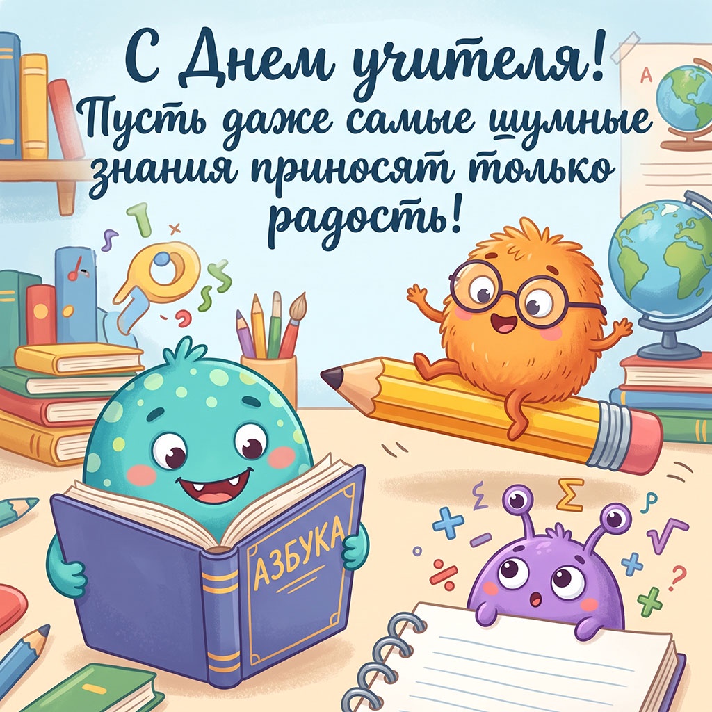 Мультяшная открытка с забавными героями и текстом: "С Днем учителя! Пусть даже самые шумные знания приносят только радость!"
