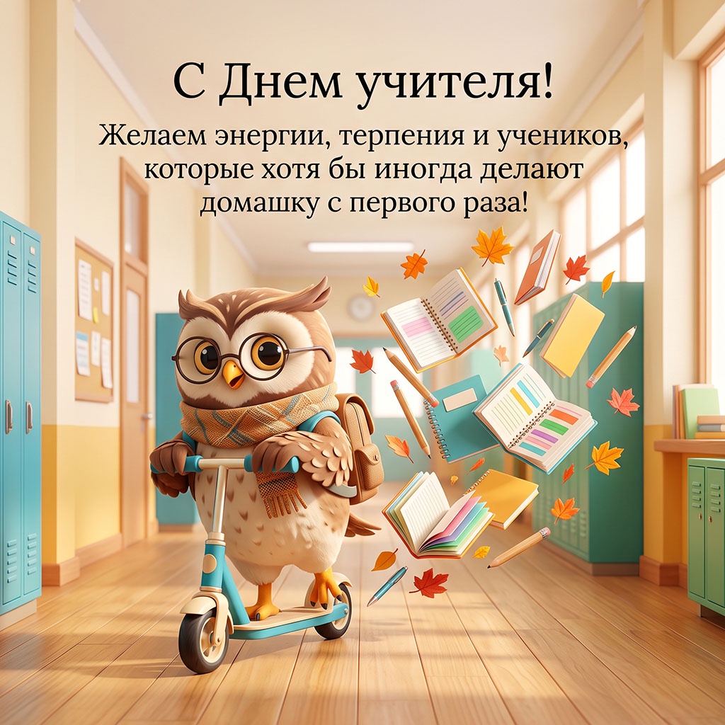Открытка с совой на самокате, летящими тетрадями и текстом: "С Днем учителя! Желаем энергии, терпения и учеников, которые хотя бы иногда делают домашку с первого раза!"